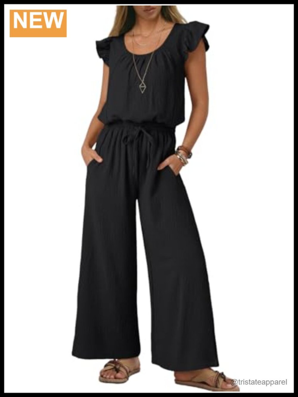 Women's Square Neck Ruffle Sleeve Wide Leg Jumpsuit Romper with Pockets